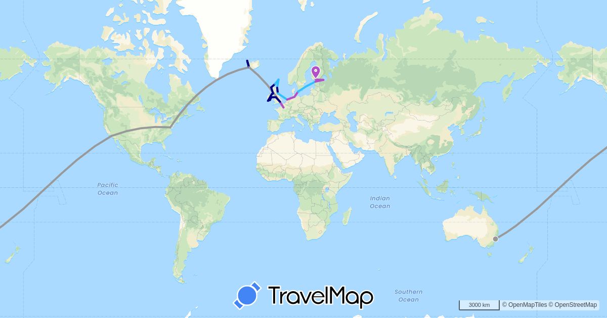TravelMap itinerary: driving, plane, train, boat in Australia, Germany, Denmark, Estonia, Finland, France, United Kingdom, Ireland, Iceland, Netherlands, Russia, United States (Europe, North America, Oceania)