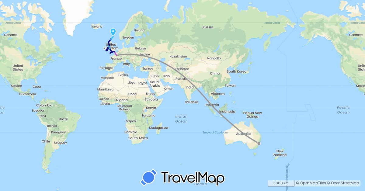 TravelMap itinerary: driving, plane, train, boat in Australia, France, United Kingdom, Ireland, Singapore (Asia, Europe, Oceania)