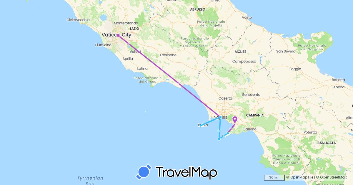 TravelMap itinerary: driving, train, boat in Italy (Europe)
