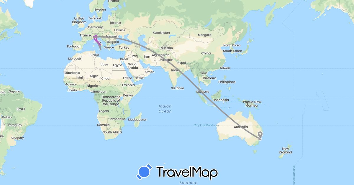TravelMap itinerary: driving, plane, train in Australia, Italy, Singapore (Asia, Europe, Oceania)